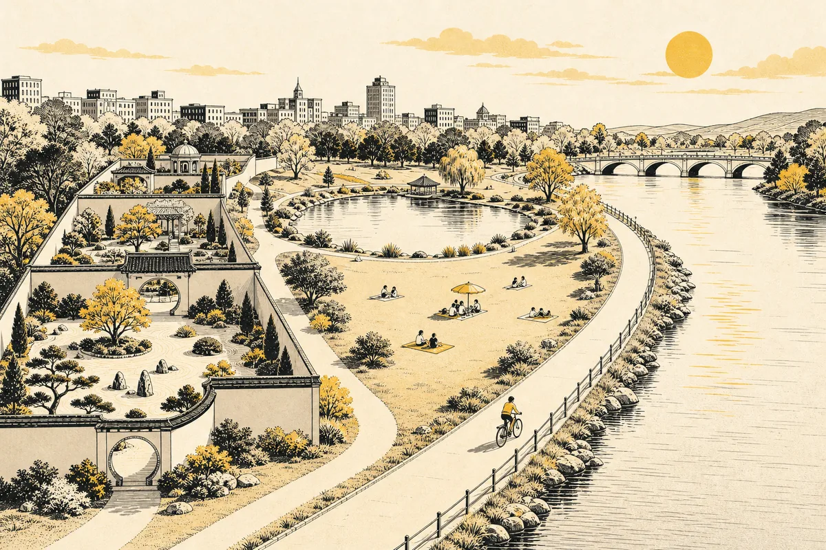 Illustration of a riverside city park with walled themed garden courtyards, a small lake, a picnic lawn and a cyclist on a shared path beside a wide river