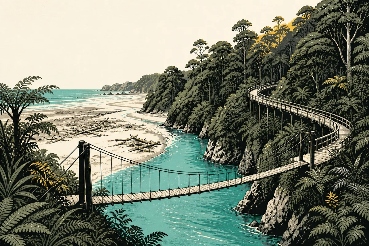 Illustration of a turquoise river gorge below a slender swing bridge, with a raised timber walkway curving away through rainforest canopy and a wild driftwood beach in the distance