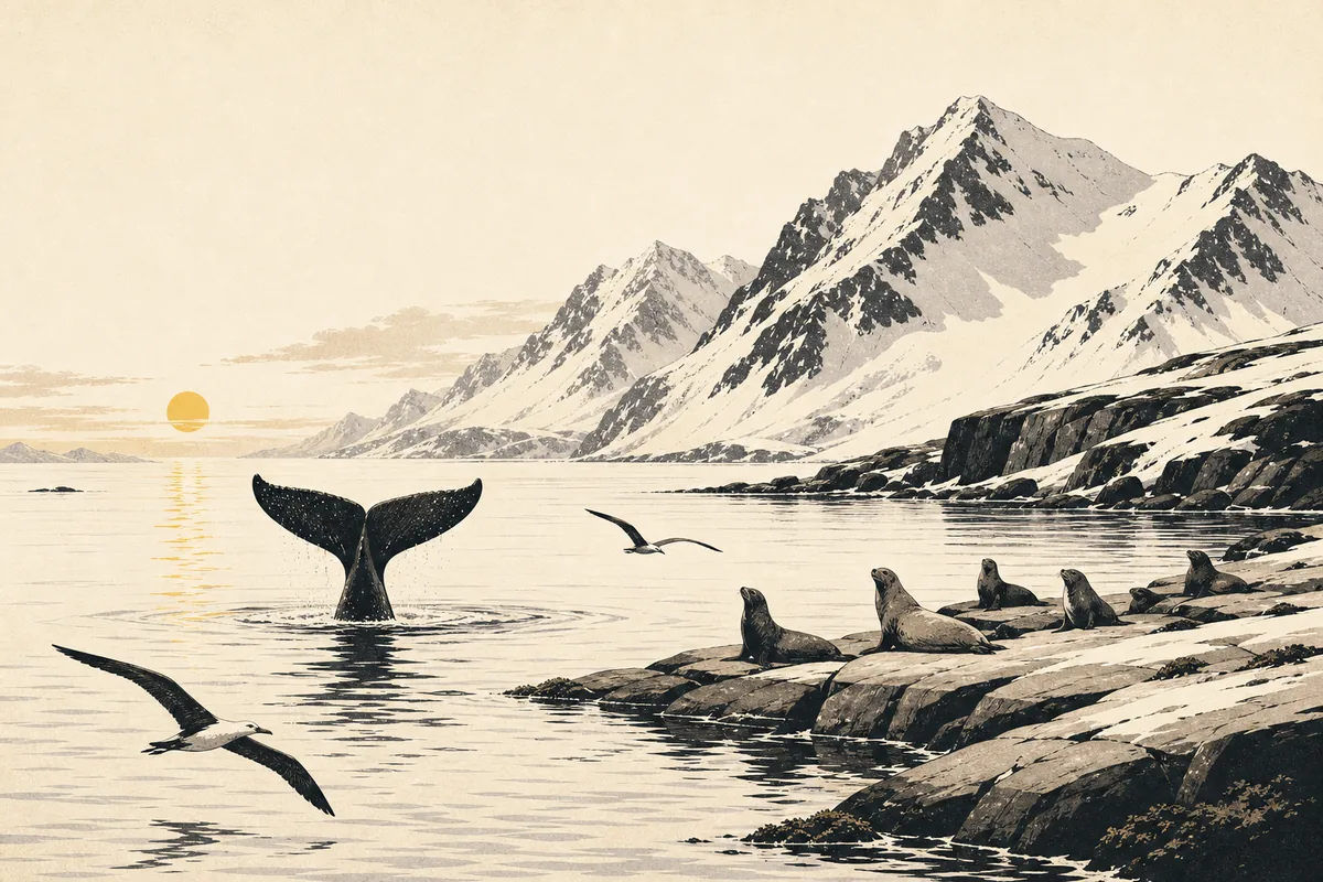 Illustration of a sperm whale's tail rising from a calm sea beside a rocky peninsula, with fur seals resting on the rocks, seabirds wheeling overhead and snow-dusted mountains behind the shoreline