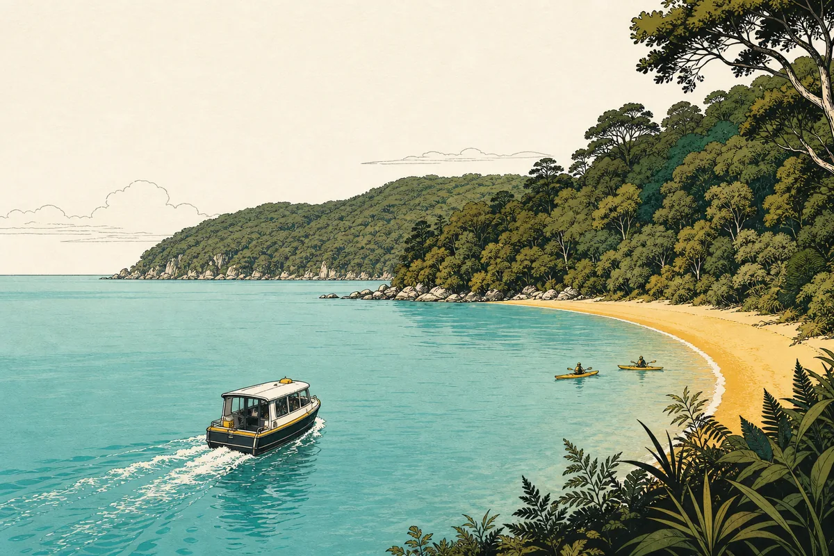 Illustration of a curved golden beach backed by native forest, with a small water taxi nosing toward the sand and two sea kayakers paddling a calm turquoise bay in low winter sunlight