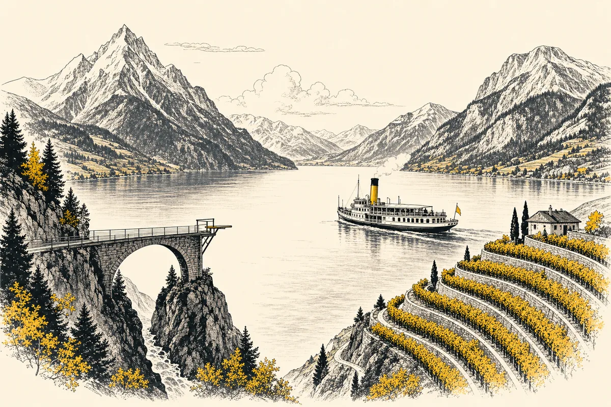 Illustration of alpine activities gathered around one mountain lake, with a jump platform on a bridge, terraced vineyard rows, and an old steamship crossing the water