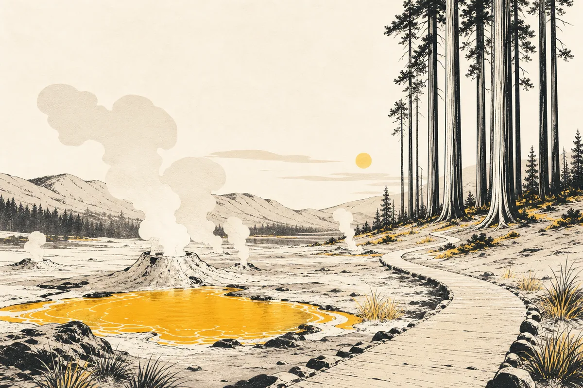 Illustration of a geothermal valley with steam drifting from ground vents beside a vivid mineral pool, and a track winding away into a grove of very tall straight trees