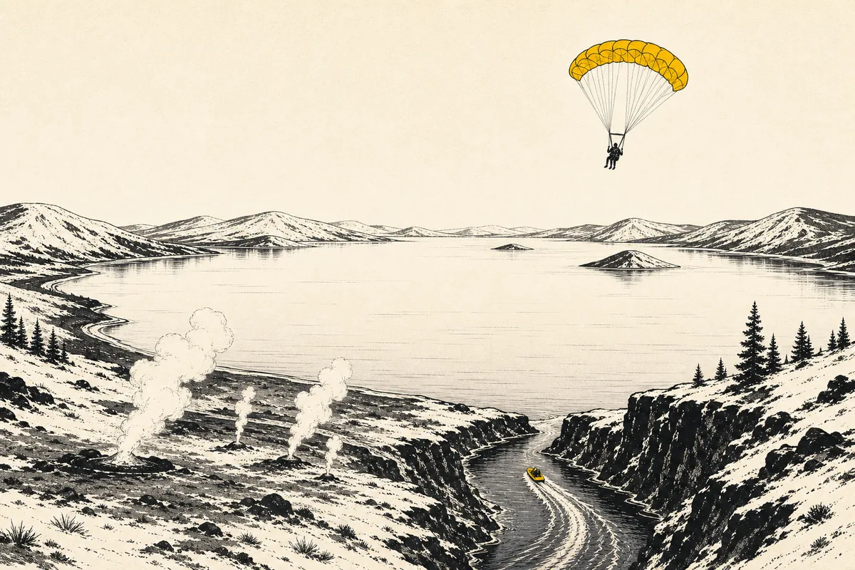 Illustration of a wide volcanic lake with steam drifting from vents along the shore, a small jet boat cutting a wake below a narrow river gorge, and a tandem parachute descending over the water