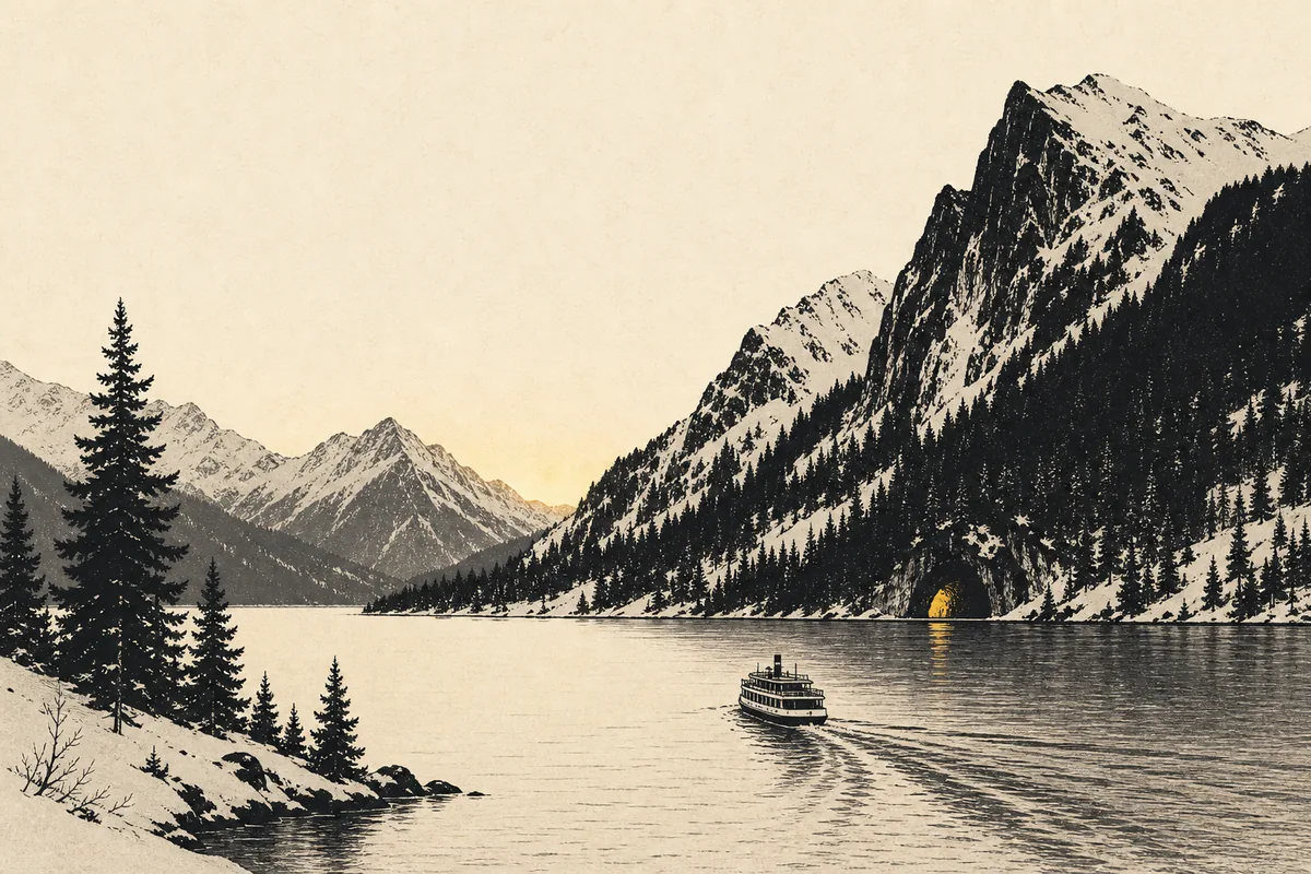 Illustration of a small lakeside town at winter dusk beneath snow-dusted mountains, with a cruise boat crossing dark water and a faint glow spilling from a cave mouth on the forested far shore