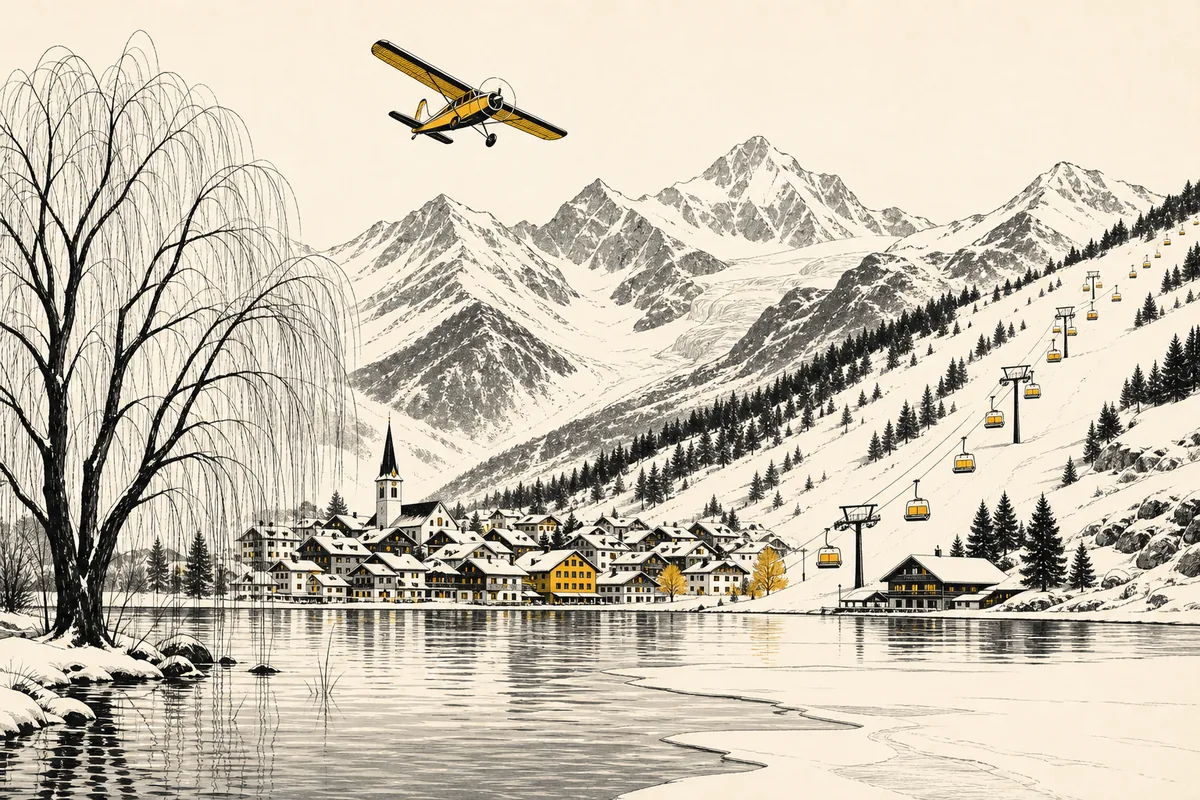 Illustration of a winter day around a mountain lake town, with a chairlift climbing a snowy ridge, a small propeller plane banking over glaciers, and a bare willow standing in shallow water at the lake edge