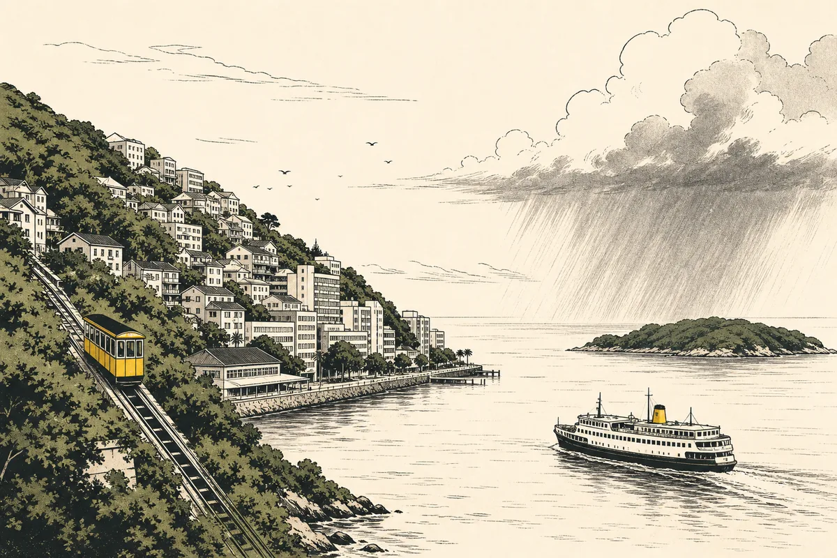 Illustration of a harbour city on steep green hills, with a small funicular carriage climbing above the waterfront and a passenger ferry crossing toward a bush-covered island under a passing rain squall