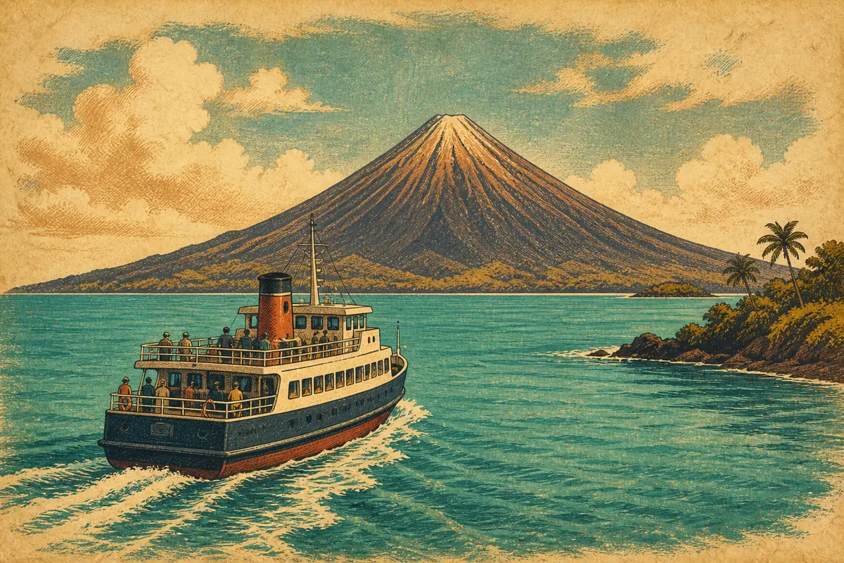 A passenger ferry crossing blue gulf waters toward a distant, cone-shaped volcanic island.