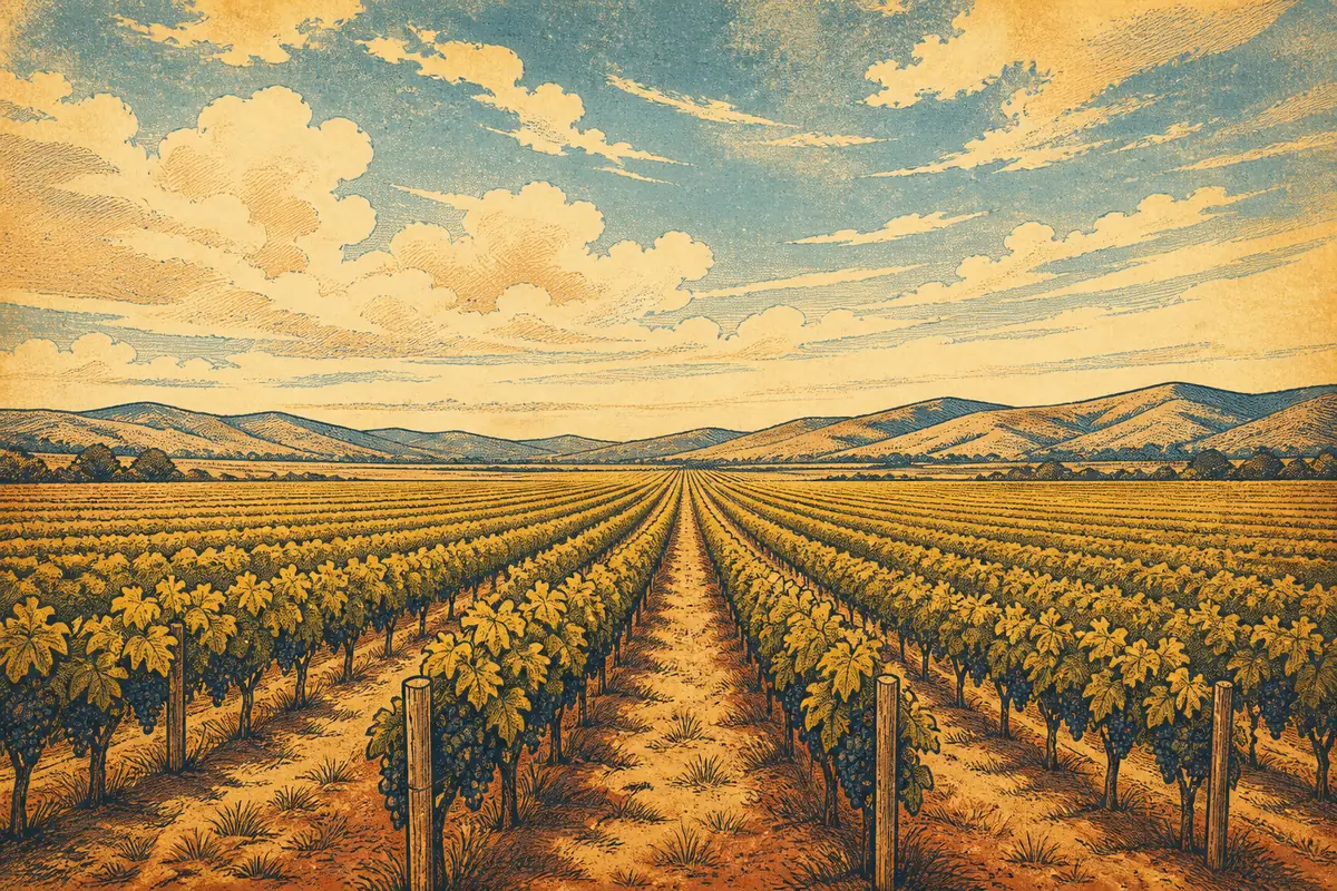Rows of grapevines stretching across a flat valley floor toward distant hills.