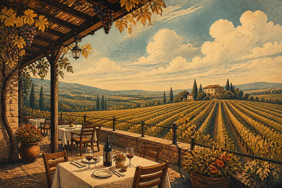 A terrace overlooking rows of vines in a flat wine-growing valley under open sky.