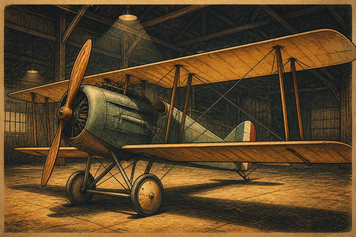A restored World War One biplane on display inside a dramatically lit hangar diorama.