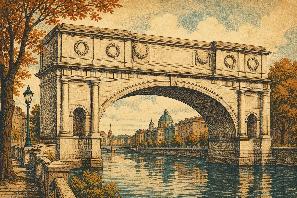 A stone memorial arch with carved wreaths spanning a quiet city river.