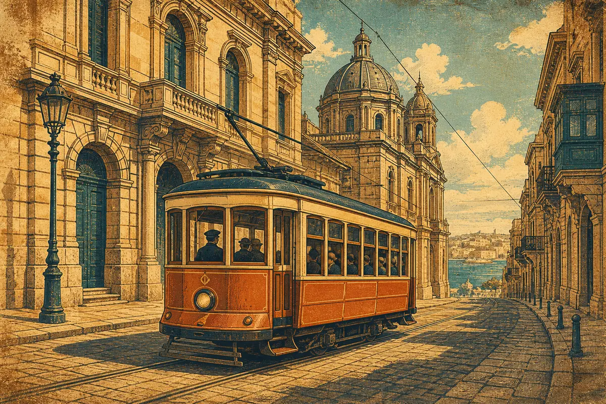 A heritage tram on rails along a city street lined with historic stone buildings.