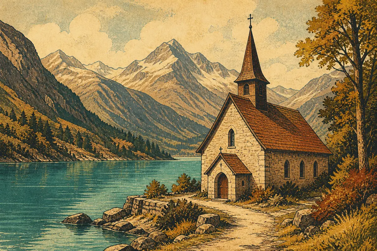 A small stone church on a lakeshore beside a turquoise alpine lake, with mountains in the distance.