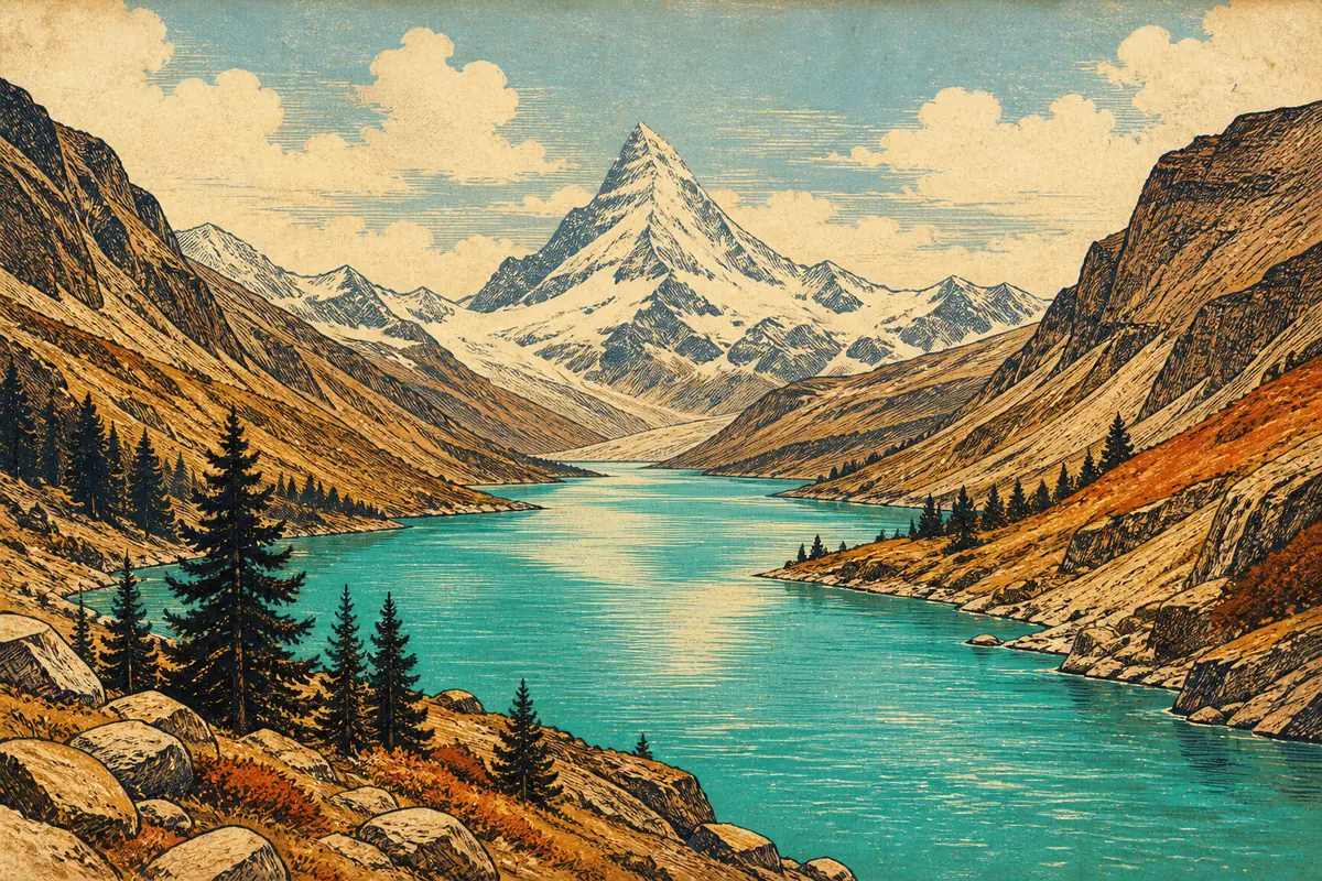 A turquoise glacial lake with a snow-capped mountain peak visible on the far horizon.