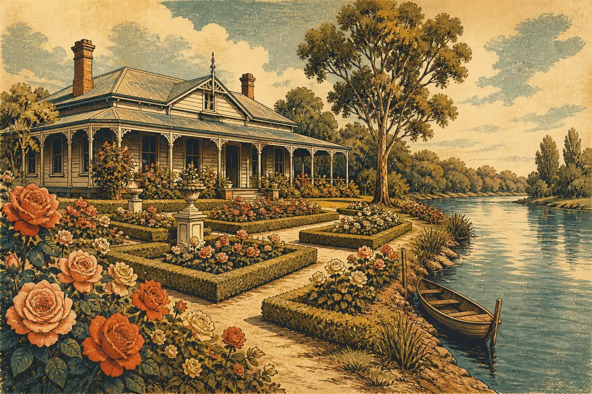 A heritage homestead with a veranda beside formal rose gardens along a quiet riverbank.
