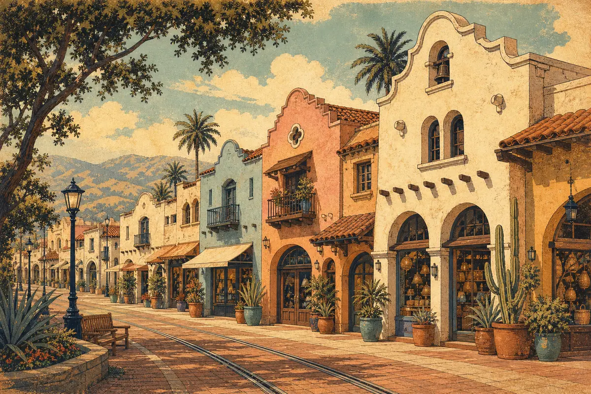 Pastel-coloured Spanish Mission-style shopfronts lining a pedestrian street with tram tracks.