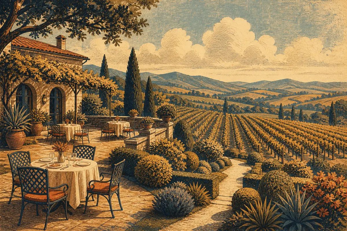 A restaurant terrace among manicured gardens overlooking rows of vineyard vines.