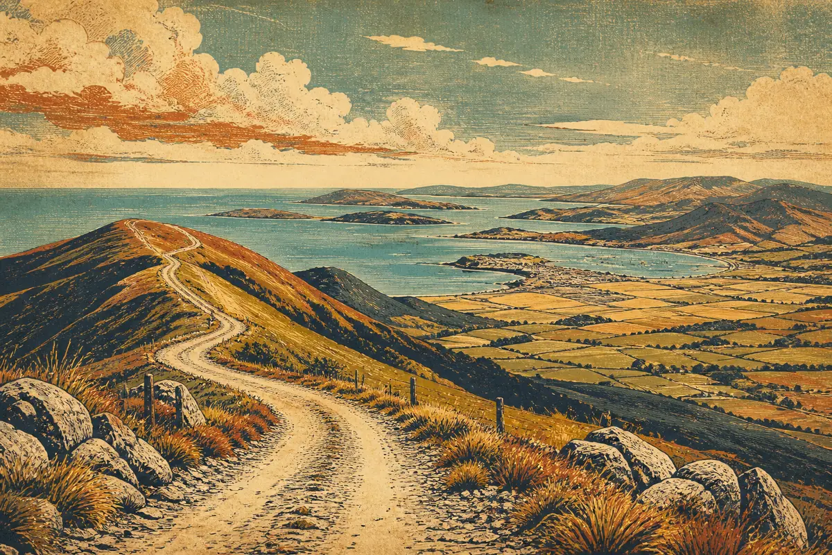 A ridge track along open hilltops overlooking a coastal plain and harbour in the distance.