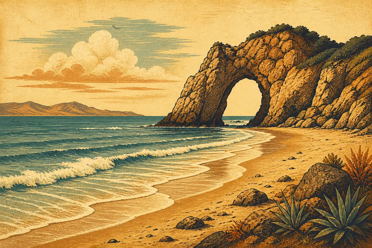 A sandy beach with a rock outcrop pierced by an archway at one end, waves on the shore.