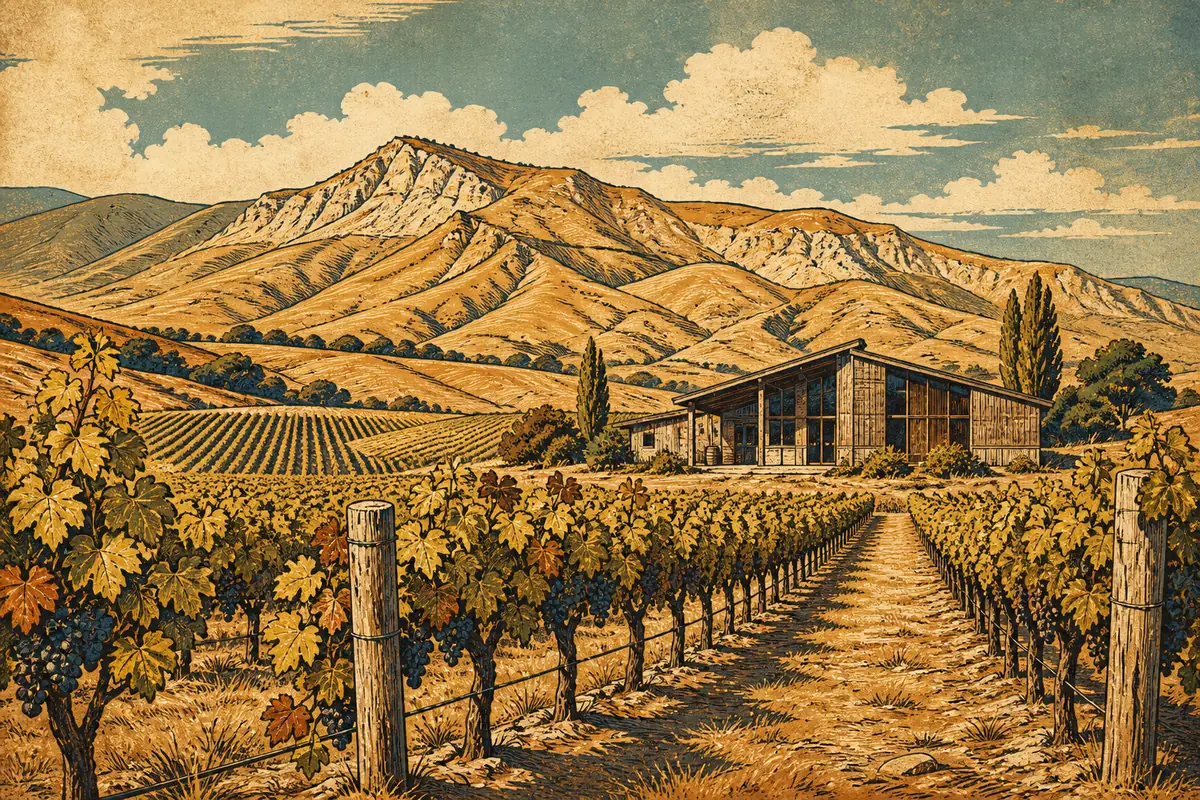 Vine rows and a small cellar-door building in the Waipara valley with dry golden hills behind