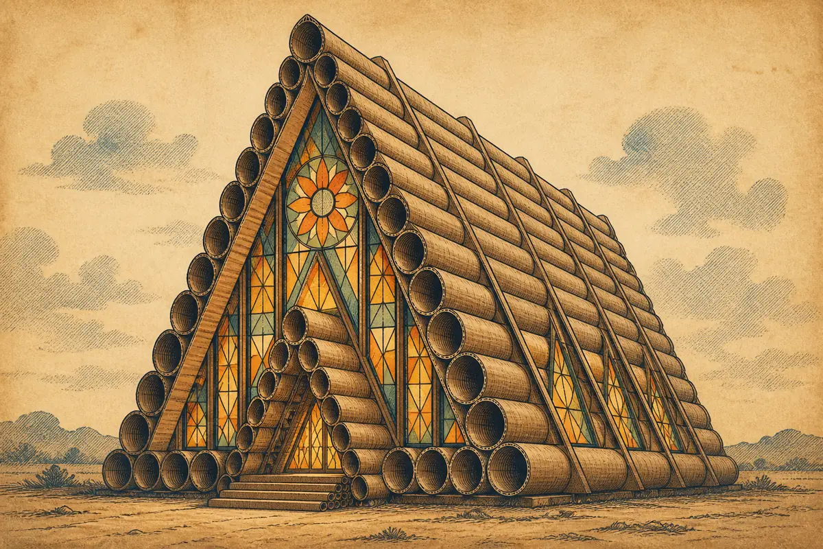 A triangular cathedral facade built from rows of cardboard tubes with stained glass panels.