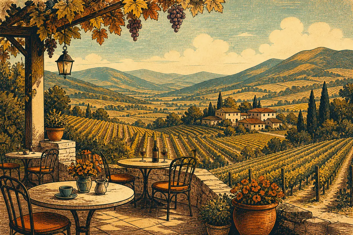A cafe terrace overlooking rows of grapevines in a valley winery.