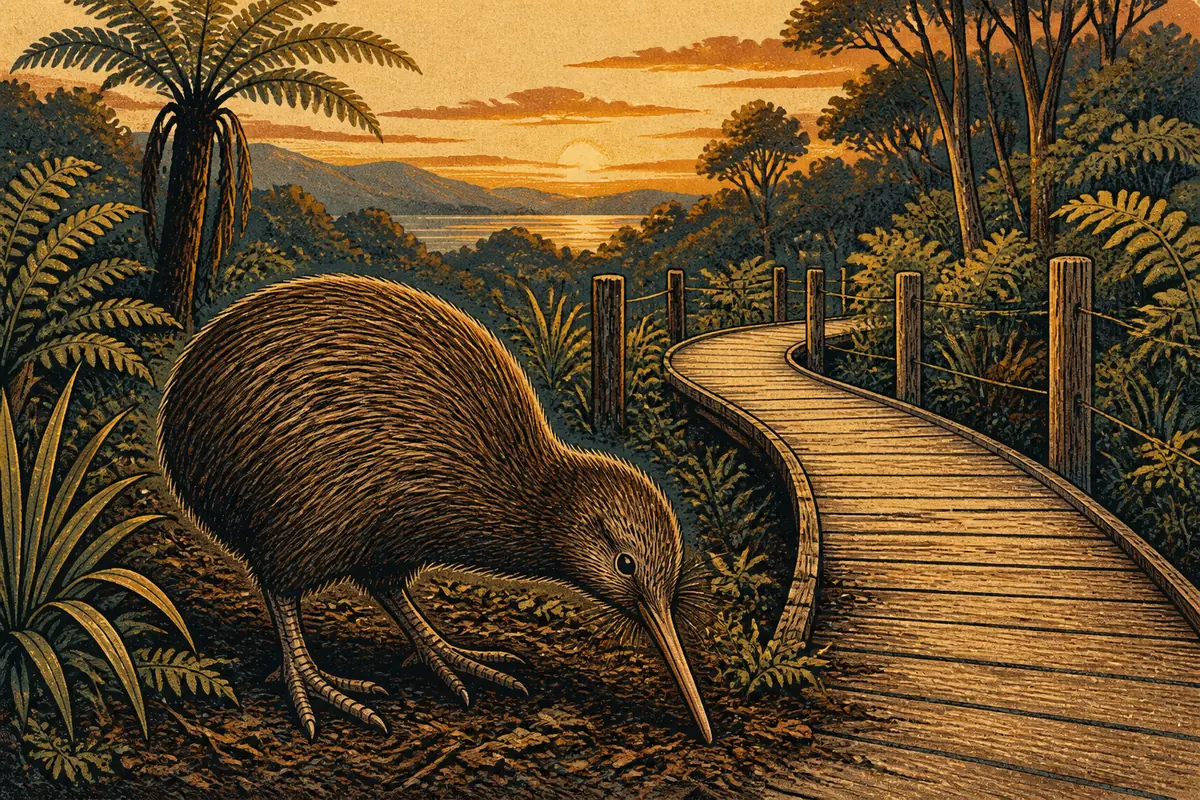 A kiwi bird foraging in the undergrowth beside a boardwalk through native bush.