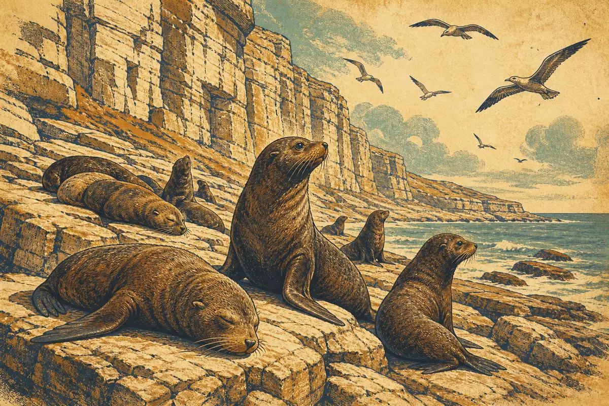 Fur seals resting on a rocky limestone shoreline below cliffs, with seabirds overhead.