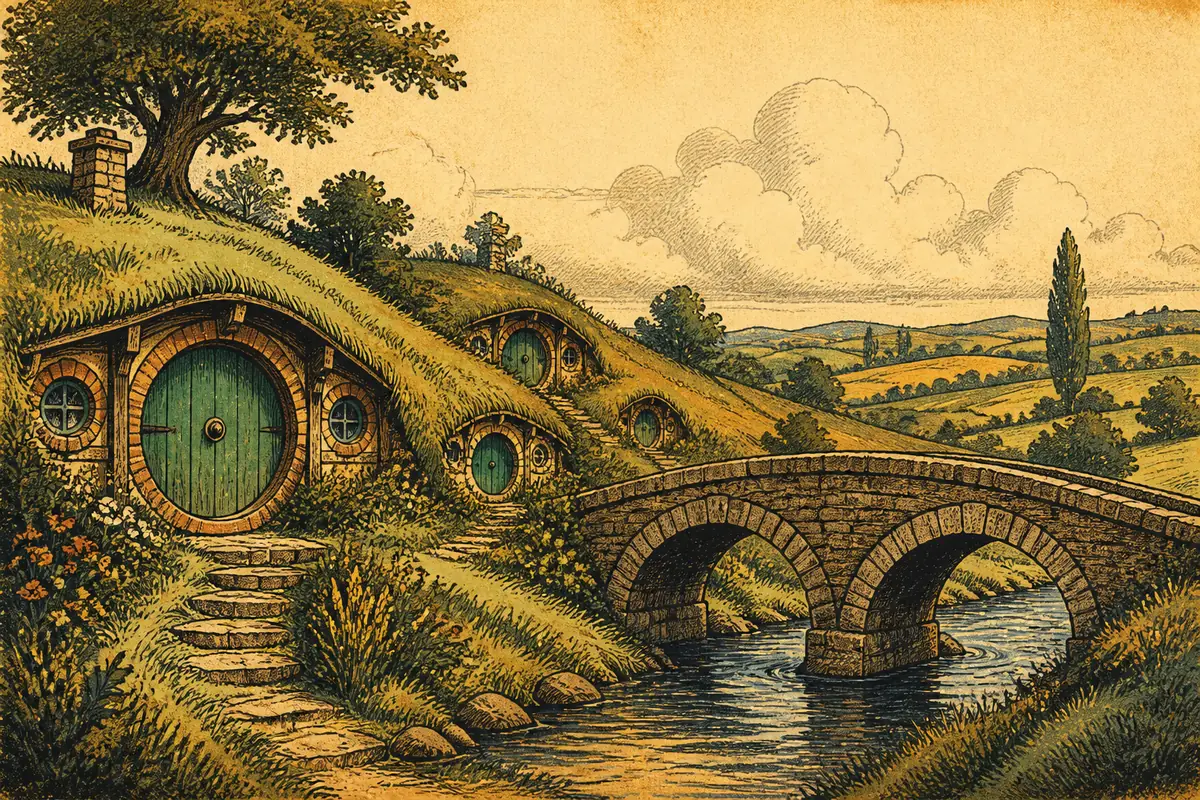 Round green hobbit-hole doors built into grassy rolling farmland hills, with a stone double-arched bridge nearby.