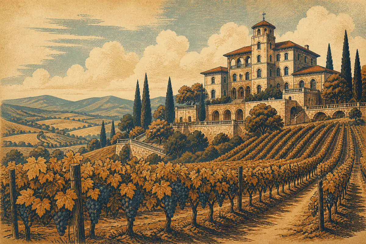 A grand historic winery building overlooking rows of vines on a hillside.