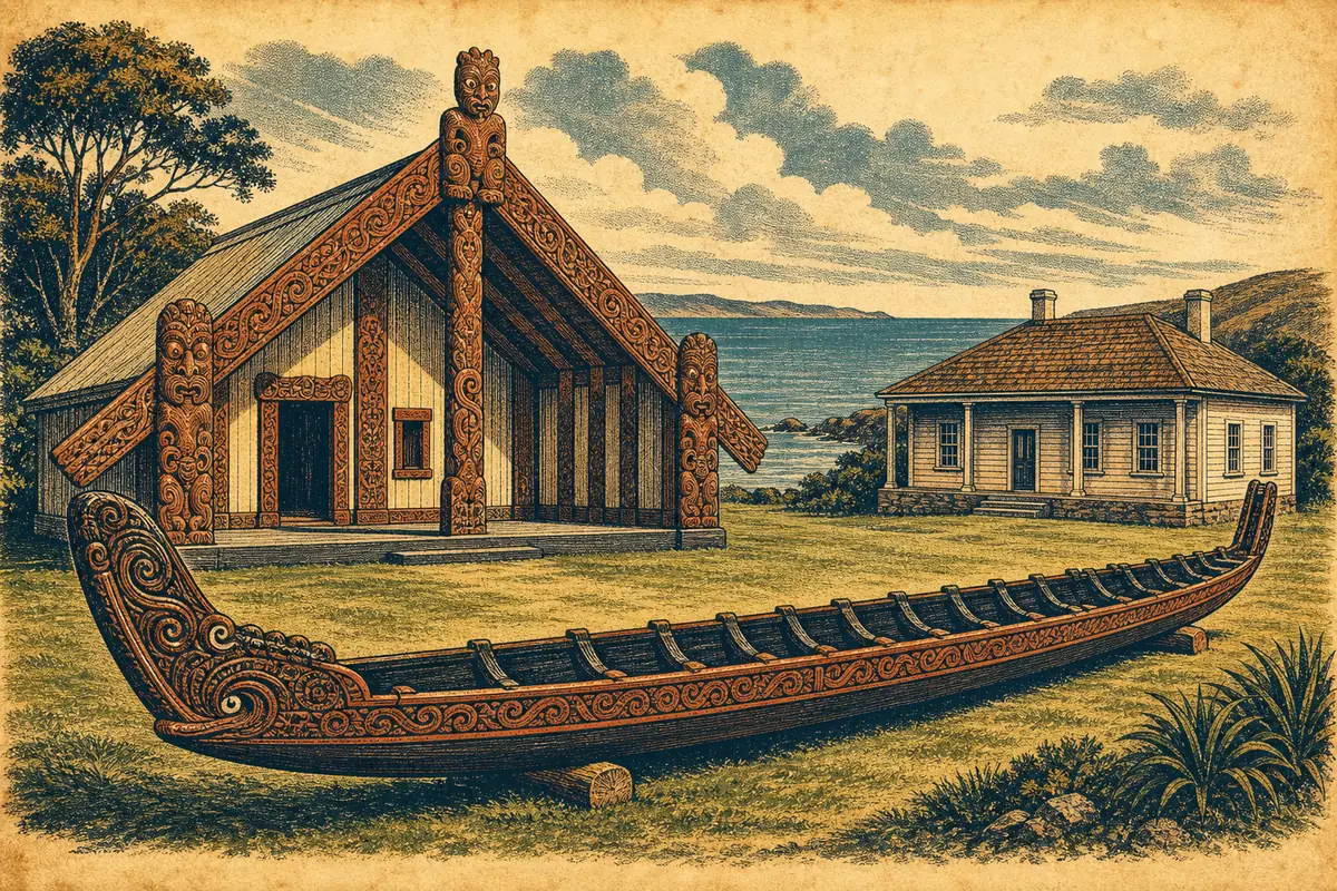 A carved wooden meeting house and a long ceremonial canoe on a lawn near the sea, with a colonial treaty house building nearby.