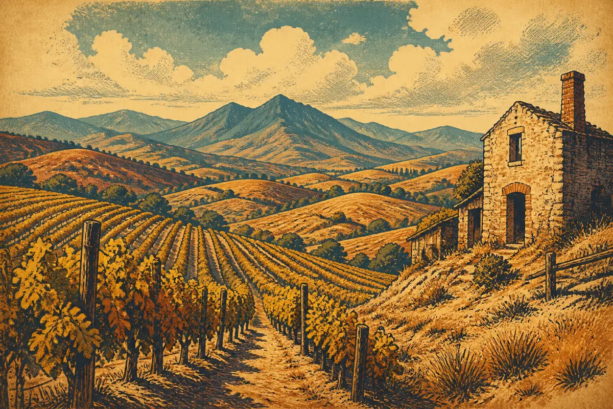 Rows of vines on dry golden hillsides with mountains in the distance and an old stone building nearby.