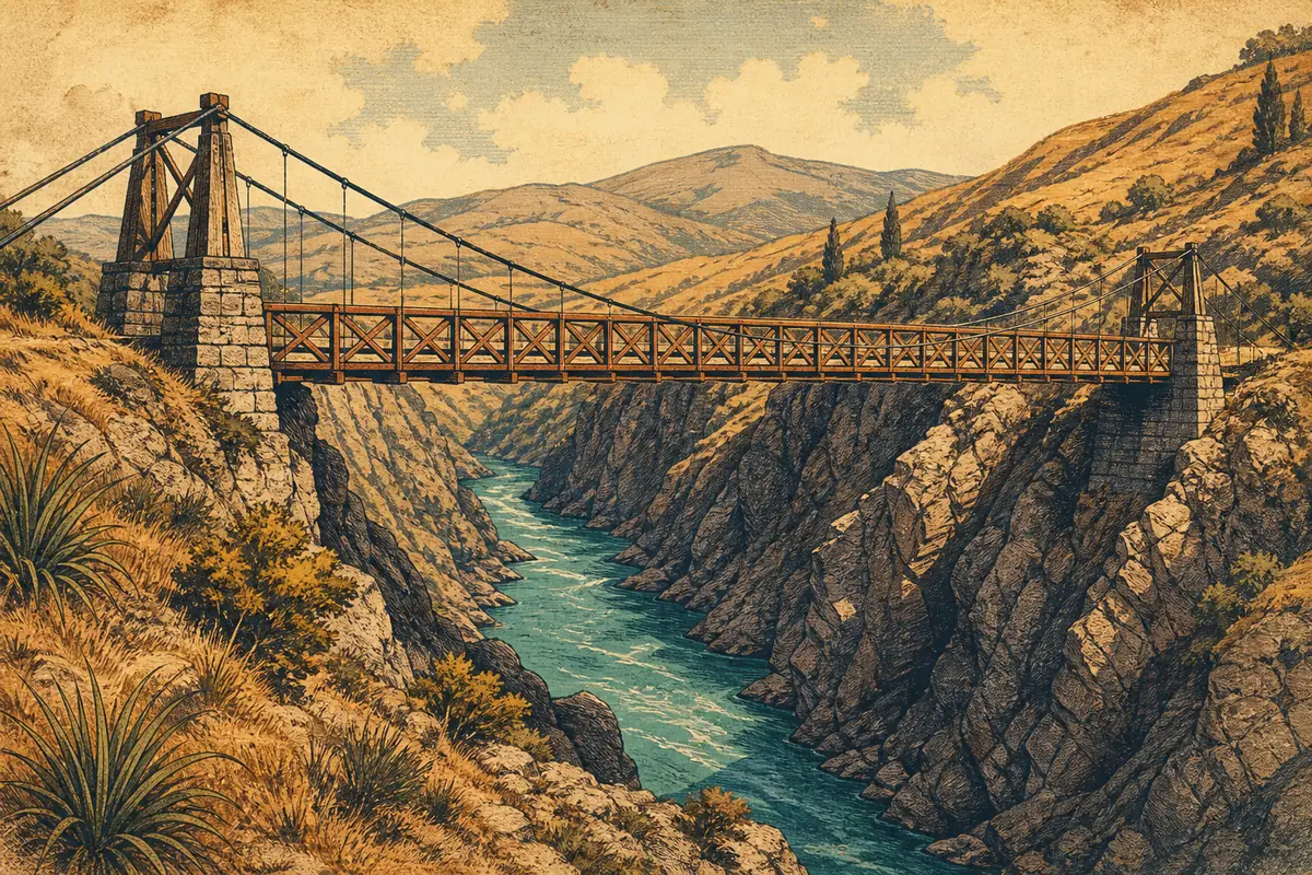 The historic Kawarau suspension bridge spanning the turquoise river gorge