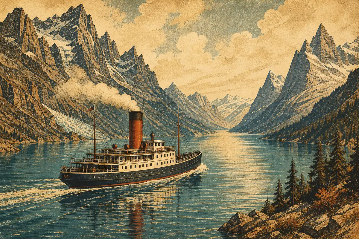 A vintage steamship with a red funnel on a long glacial lake surrounded by jagged mountains.