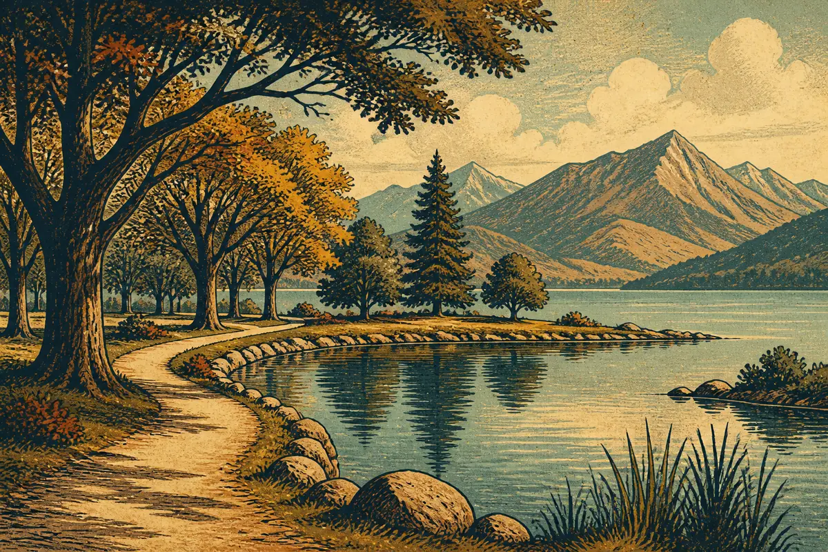 A path through a tree-lined peninsula park beside a still pond, with mountains across the lake.