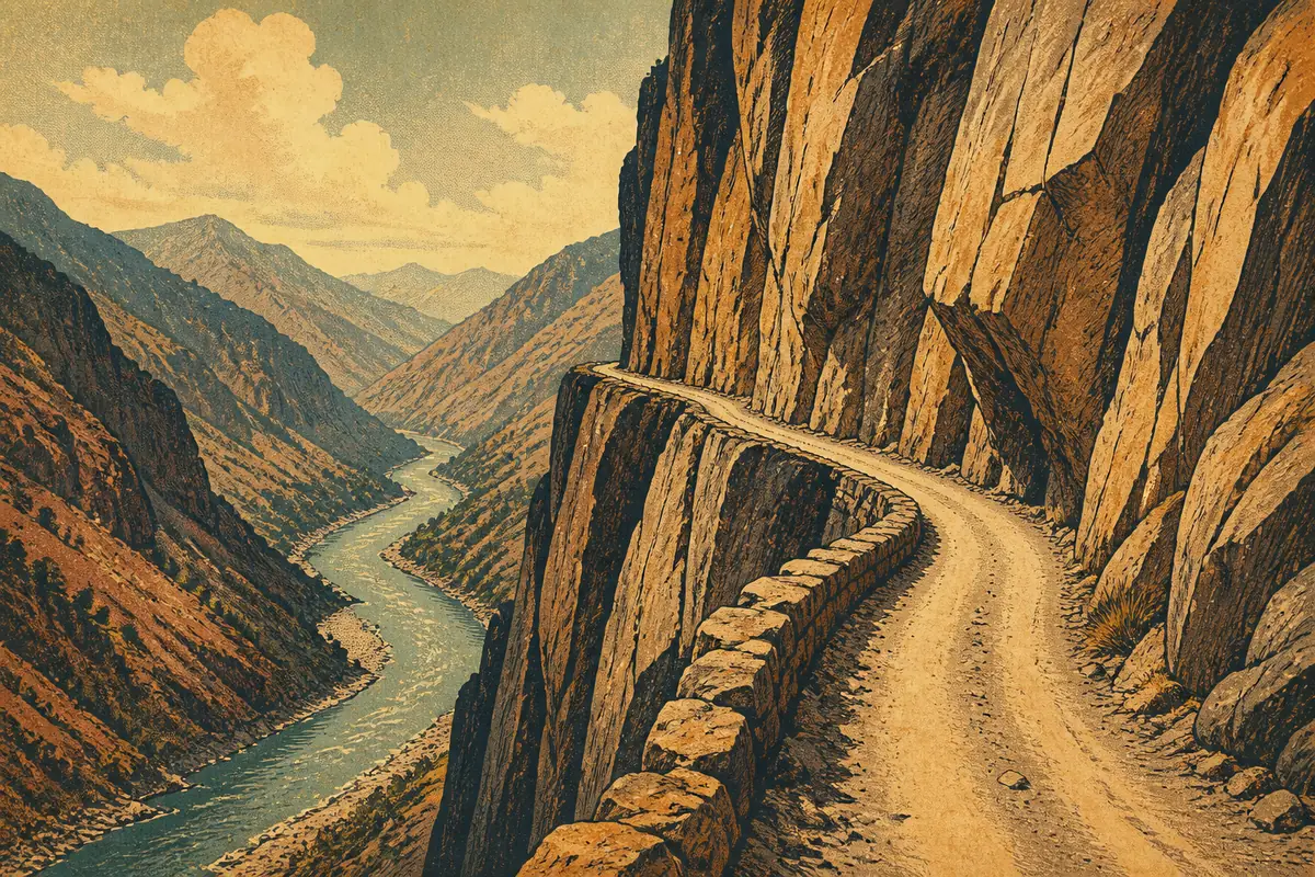A narrow gravel road carved into a cliff face above a winding river gorge.