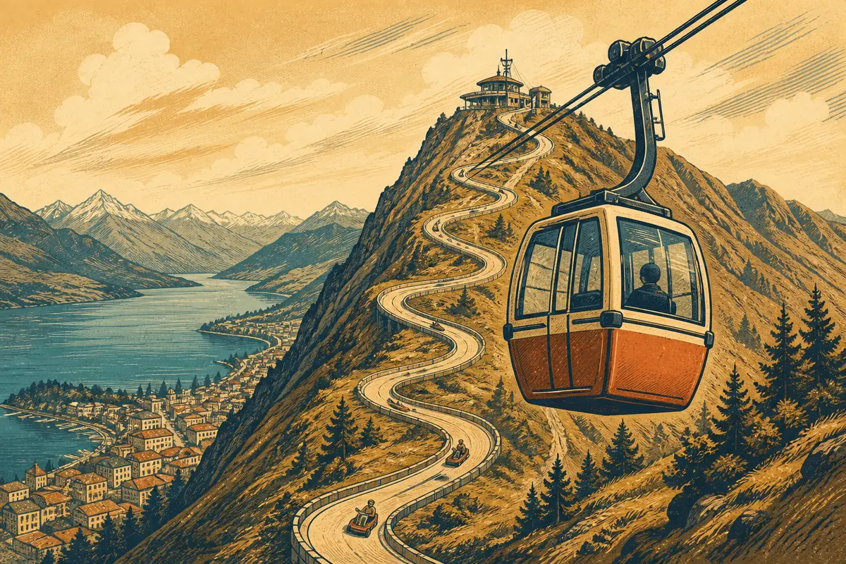 A gondola climbing a steep mountainside above a lakeside town, with a luge track near the summit.