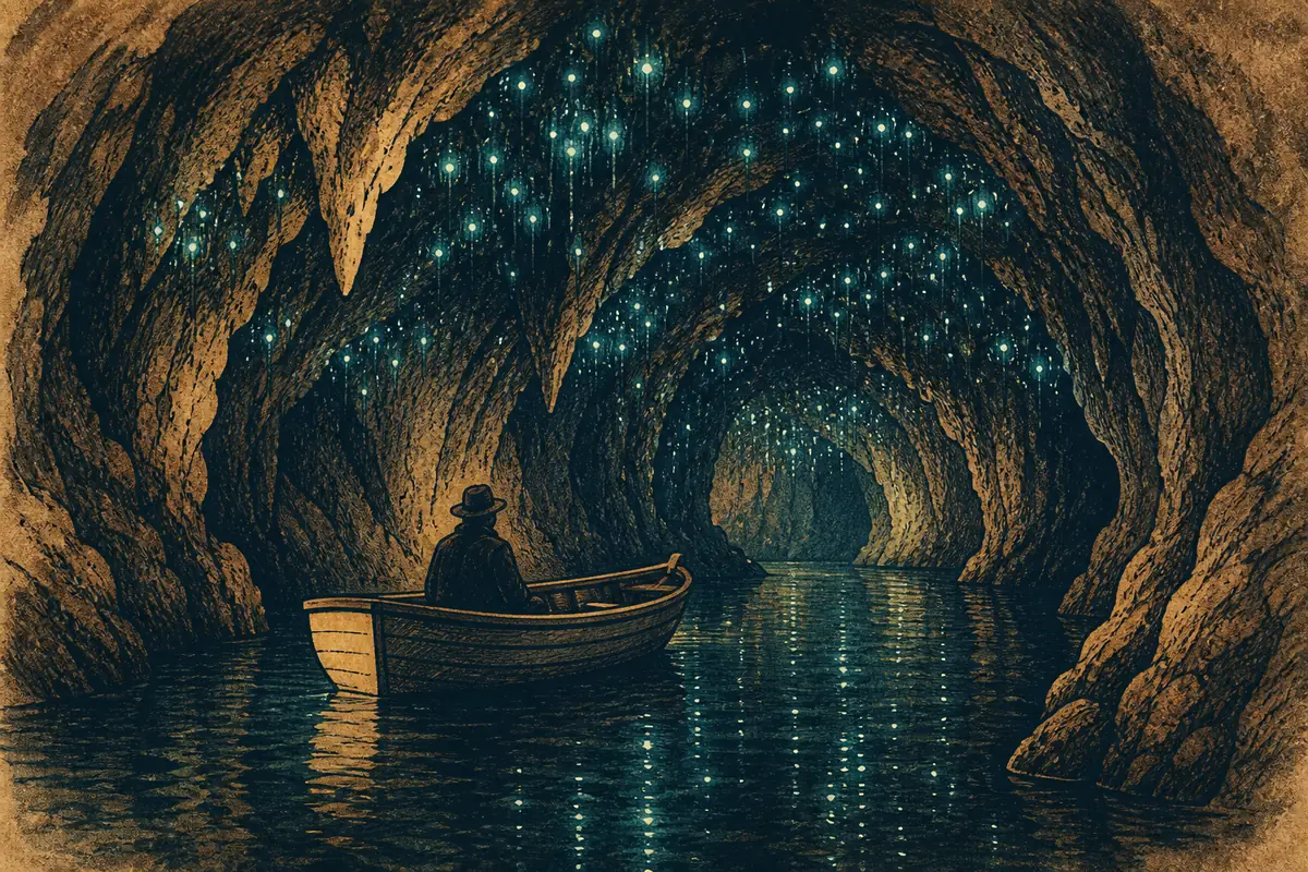 A boat gliding through a dark limestone cave passage lit by scattered glowworm lights.