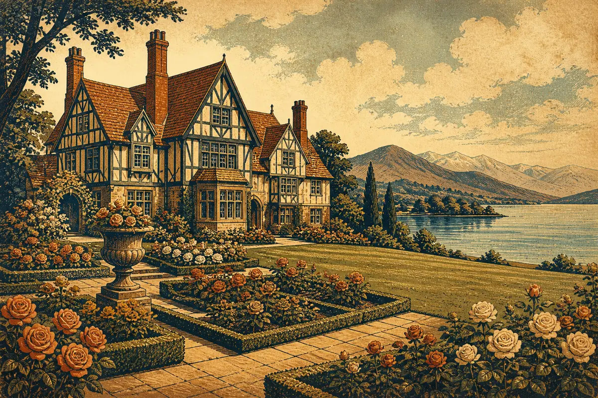 A Tudor-style building with steep gables beside formal rose gardens on a lakeshore lawn.