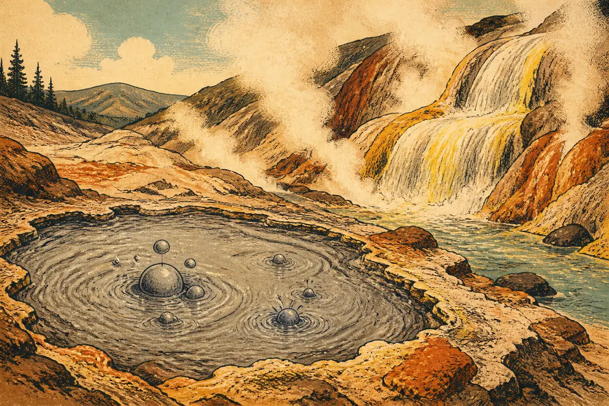 A bubbling grey mud pool beside a steaming, sulphur-stained hot waterfall.