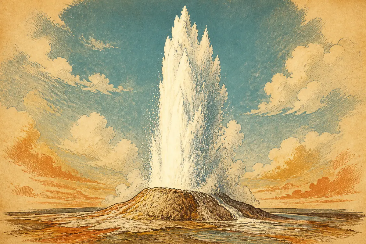 A tall jet of water erupting from a geothermal geyser cone.