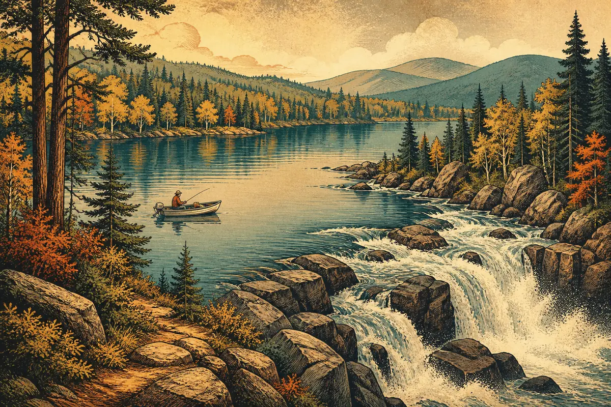 A calm forested lake with a small boat, and a whitewater waterfall at its outlet.
