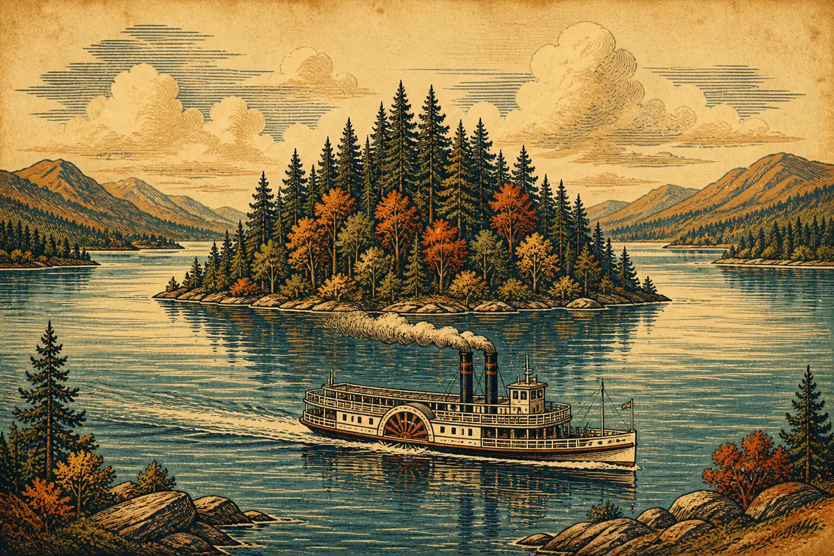 A vintage paddle steamer crossing a wide lake with a forested island in the middle distance.
