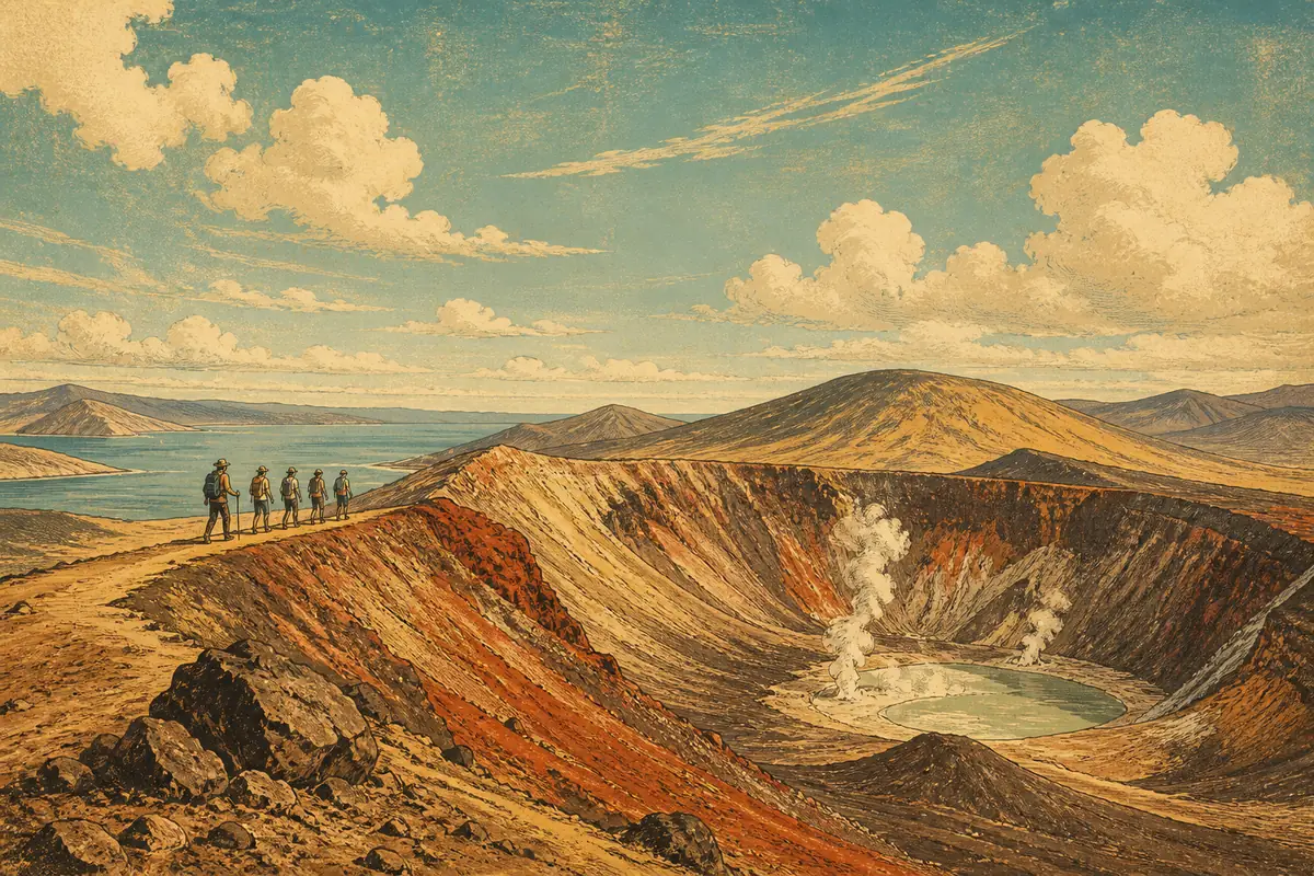A red-streaked volcanic crater rim under open sky with a small group walking along its edge.