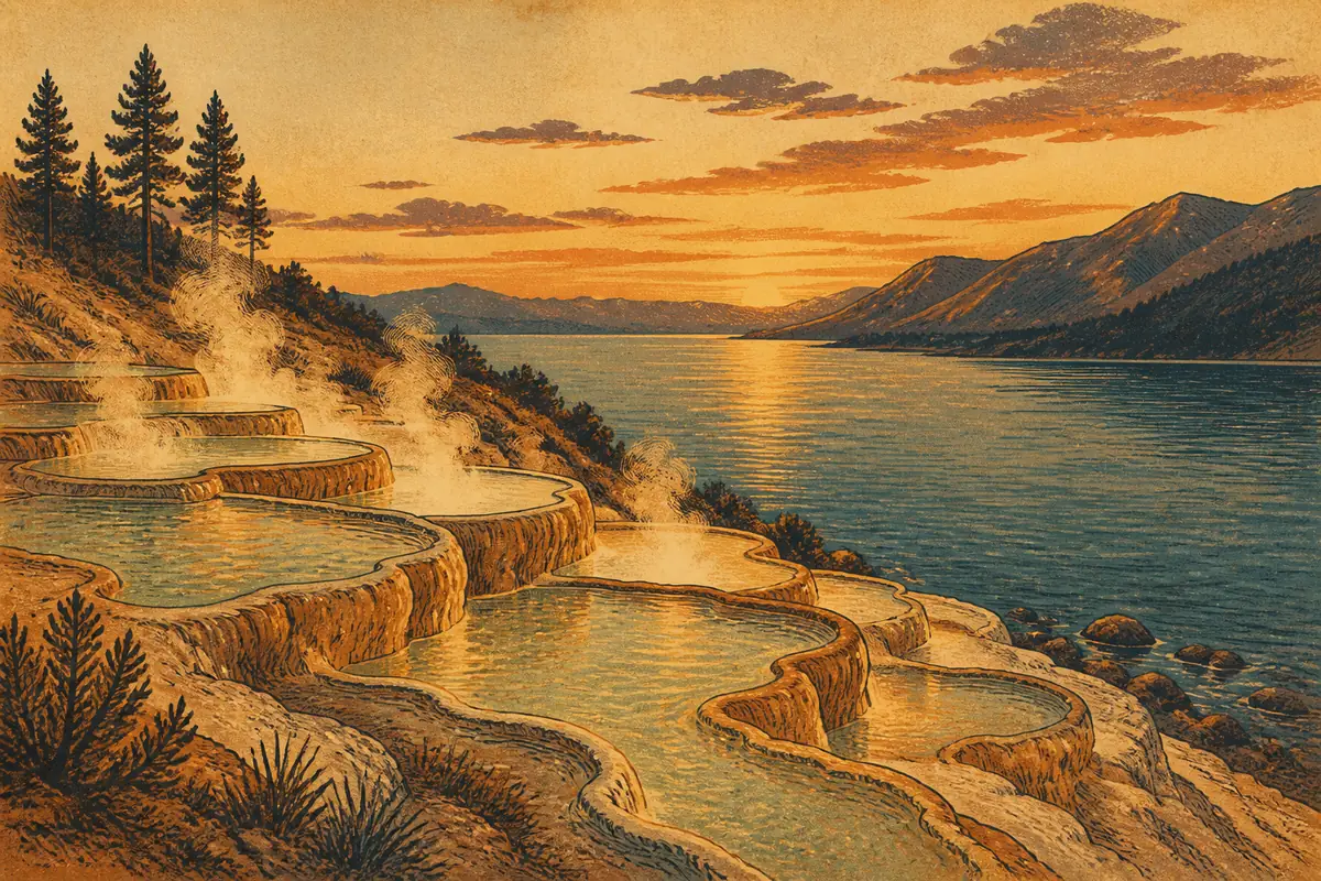 Steaming mineral bathing pools terraced above a lakeshore at dusk.