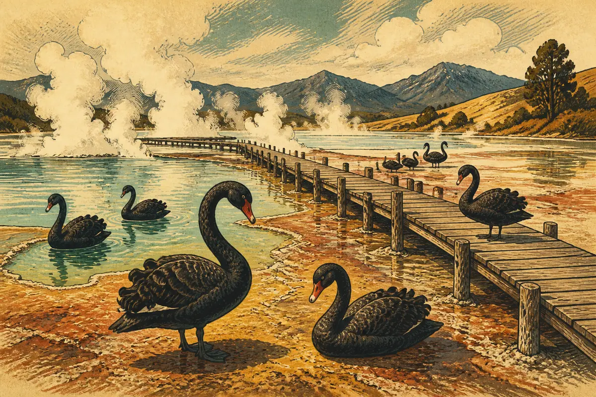 A boardwalk over a steaming geothermal lakeshore with black swans near mineral-stained ground.