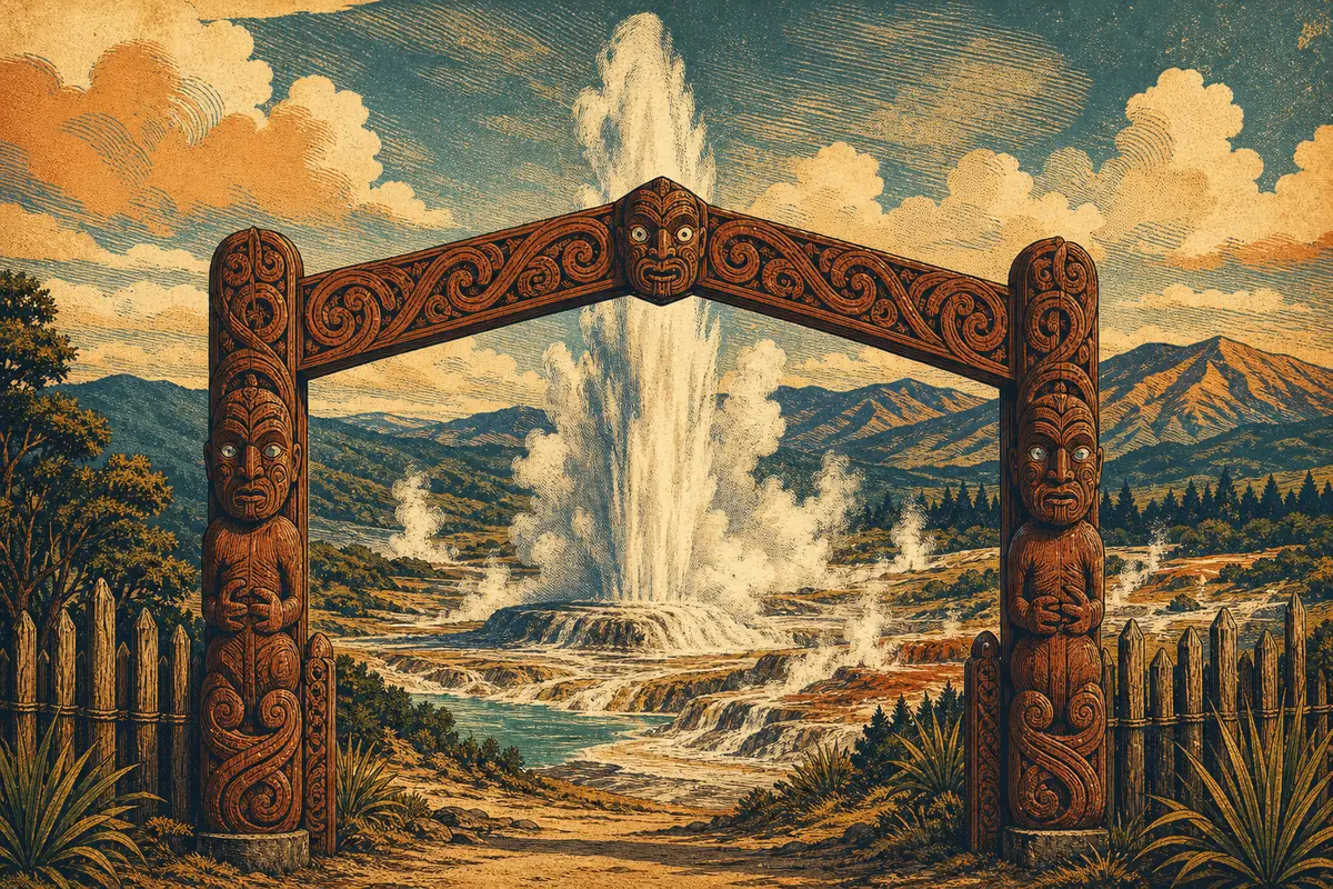 A geyser erupting above a geothermal valley, with a carved wooden Māori gateway in the foreground.