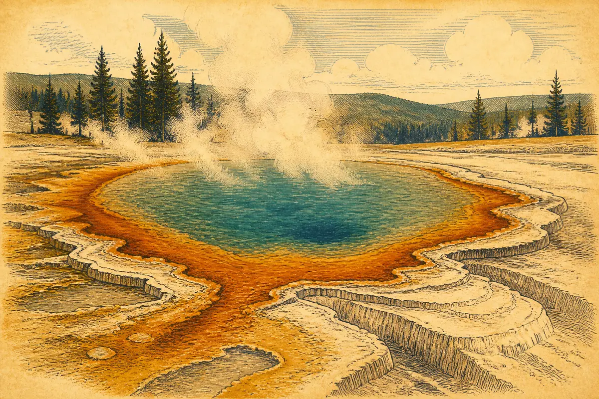 A steaming geothermal pool with a bright orange rim, bordered by white mineral terraces.