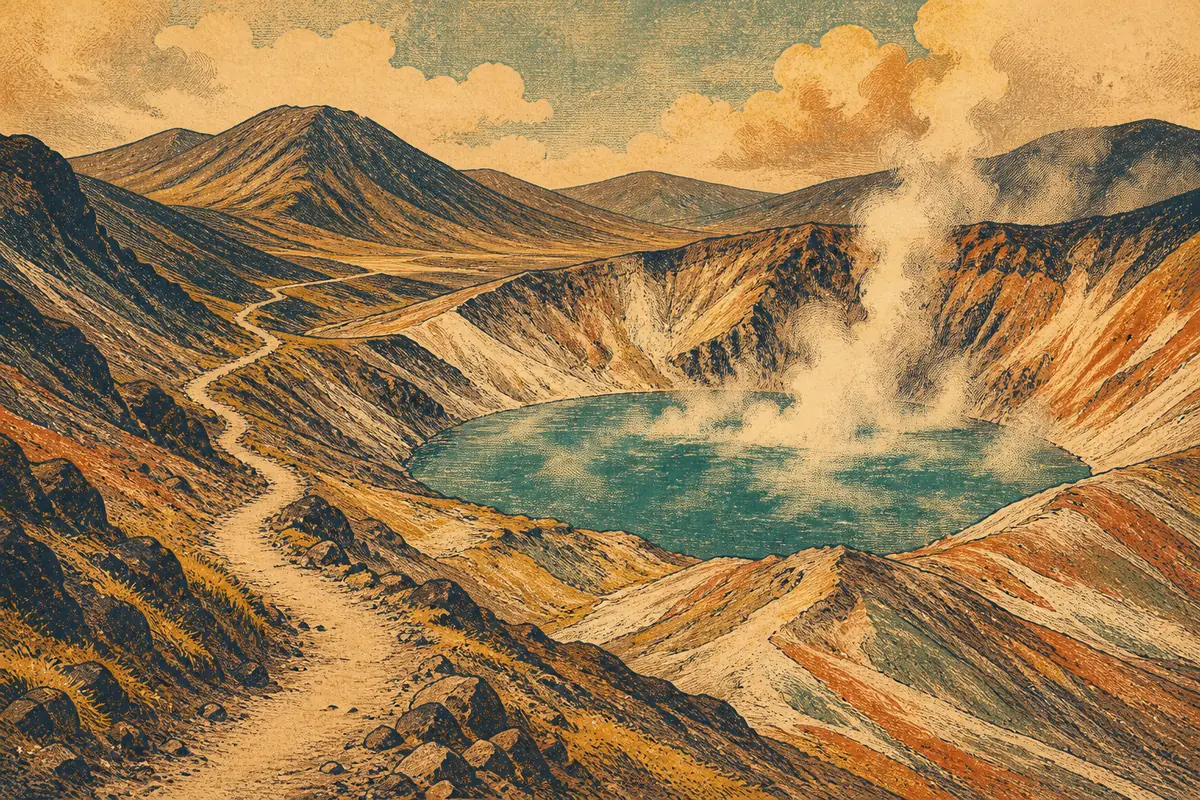 A steaming volcanic crater lake surrounded by bare, mineral-streaked slopes.