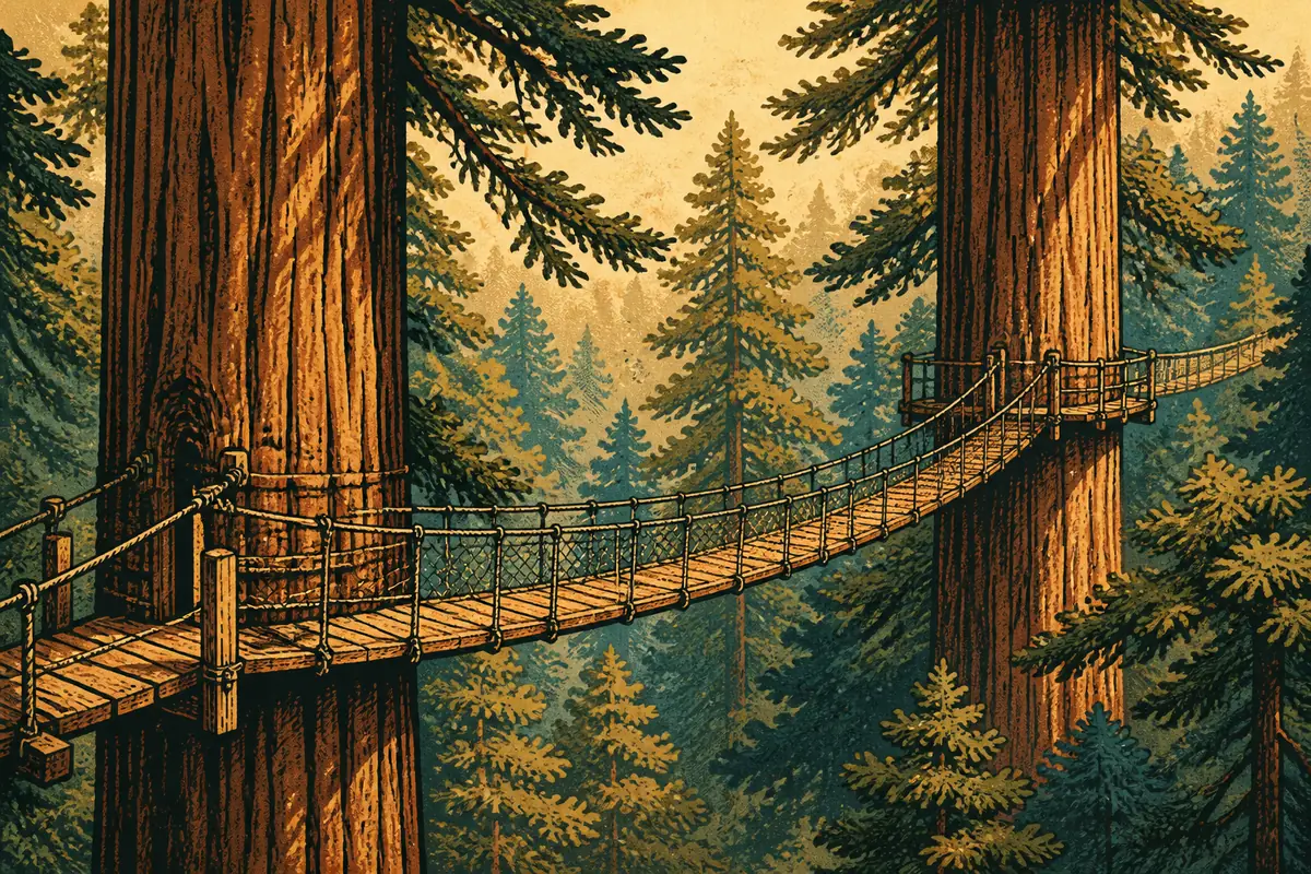 A suspension bridge strung between towering redwood tree trunks in a forest canopy.